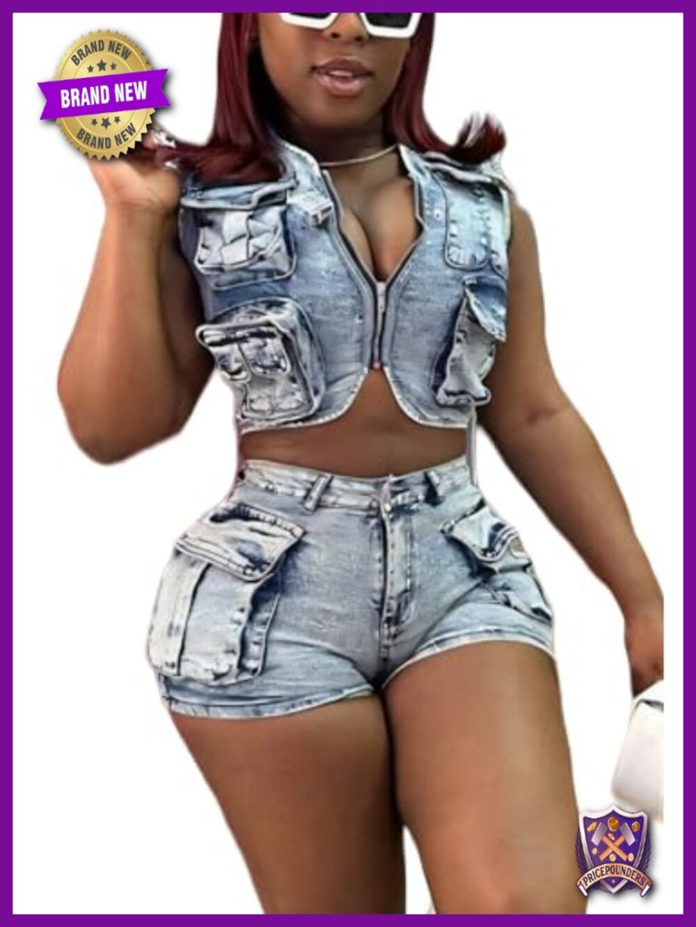 Women's Denim Cargo Two-Piece Short Set Cropped Zip Vest Y2K Party Clubwear